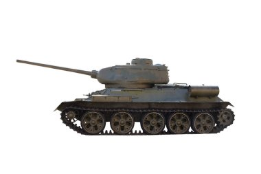 Bir Sovyet T-34 tankı parlak güneşin altında temiz beyaz bir arka planda kırpma ile yan yana durur. Yandan çekilmiş.