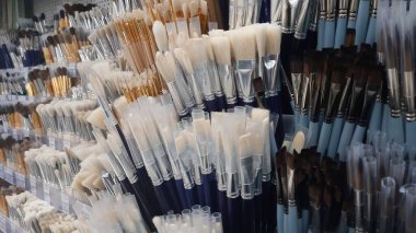 Farklı boyutlarda ve farklı maratondan yapılmış bir sürü boya fırçası. Okul, akrilik, yağ, mürekkep ve suluboya boyalarla çizim için fırçalar.