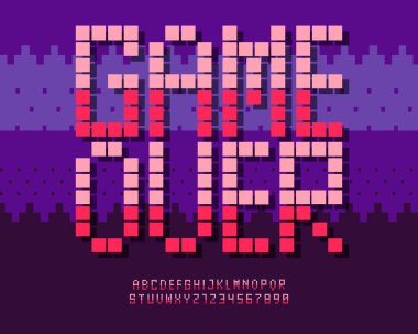 Pixel retro font Video computer game design 8 bit letters and numbers Electronic futuristic style Vector abc