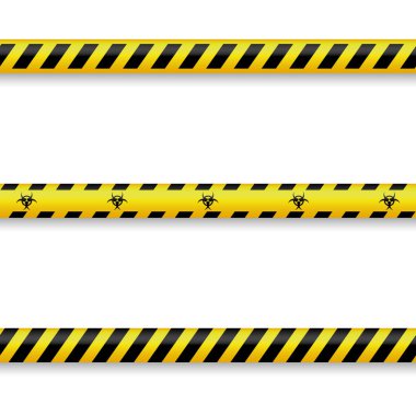 Biological hazard signs and seamless warning tapes set. Vector icon.