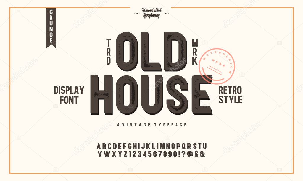 Grunge font. Retro alphabet in Western style. Sans serif capital letters. Textured rough vector font for labels and posters.