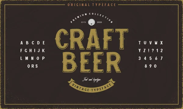 Sans Serif Fuente Con Textura Plantilla Etiqueta Cerveza Artesanal Fuente — Vector de stock