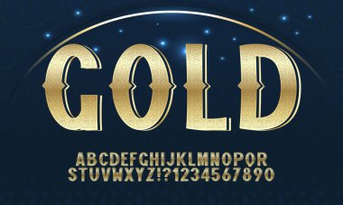 Oyulmuş altının etkisine sahip klasik yazı tipi. Kaliteli desenli altın harfler. Vektör illüstrasyonu.