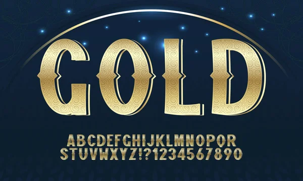 Oyulmuş altının etkisine sahip klasik yazı tipi. Kaliteli desenli altın harfler. Vektör illüstrasyonu.