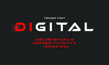 Modern alfabe ve yazı tipleri. Dijital müzik. Typography elektronik dans müziği gelecekteki yaratıcı yazı tipi. Vektör illüstrasyonu.