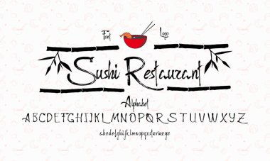 Vektör el yazısı yazı tipi. Japon tarzı yazı tipi. ABC 'ye dönüş. El yapımı Asya alfabesi. İngilizce harfler ve numaralar. Bar ya da Suşi Logosu. Vektör İllüstrasyonu.
