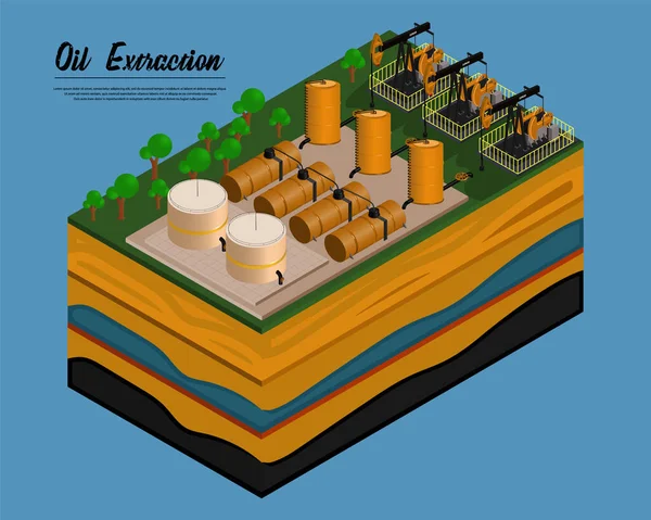 Ilustração Vectorial Isométrica Produção Petróleo Bomba Óleo Tanques Oleoduto Barris — Vetor de Stock