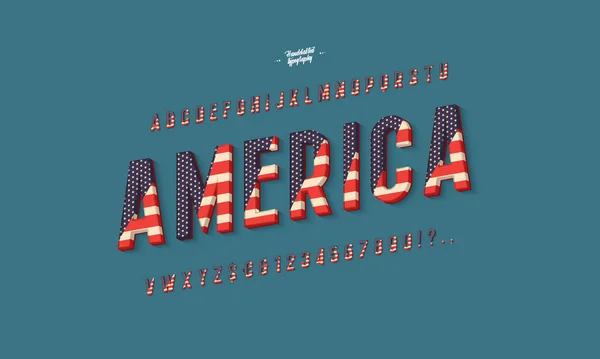3D凝縮された傾斜フォントは アメリカ国旗の要素と豊かな質感で作られています 国民の祝日に関するポスターのデザイン — ストックベクタ