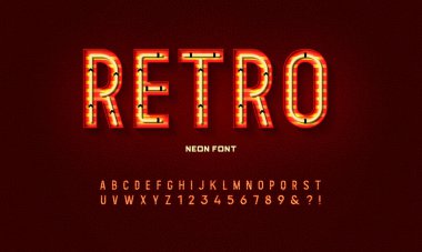 Neon ışıklı alfabe. Alfabenin ayrıntılı neon harfleri. Vektör illüstrasyonu