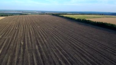 Hava manzarası: siyah pullu bir tarla, sağda sarı bir tarla ve arka planda yeşil bir çayır, bir orman, mavi bir göl, tepeler ve mavi bir gökyüzü. Tırmanıyorum. Hiç kimse, hiç kimse. 4k