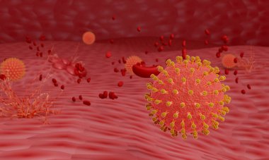Bir virüs görüntüsü ya da Coronavirus covid-19 kırmızı model. Virüs kavramı kırmızı ve engebeli bir zemine yayıldı. 3B görüntüleme