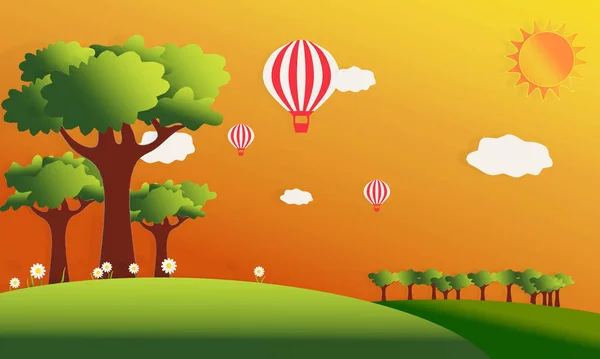 Yaz tepesinin vektörü ve gökyüzünde ağaçlar ve balonla tarlalar