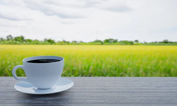 Café Noir Dans Une Tasse Café Blanche Une Soucoupe Sur — Photo