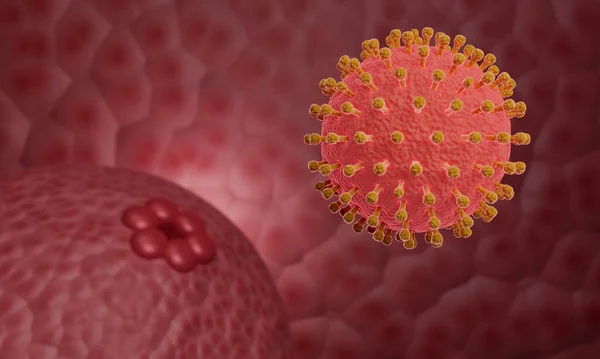 A virus image or coronavirus covid-19 red model. The concept of a virus spread on a red, rugged background. 3D rendering