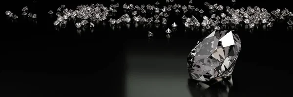 在有倒影的黑色表面上绘制许多尺寸的钻石 — 图库照片