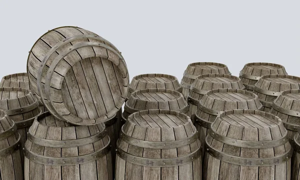 Drewniane Beczki Fermentacji Wina Istnieje Metalowa Opaska Wyciskania Ciała Podłodze — Zdjęcie stockowe