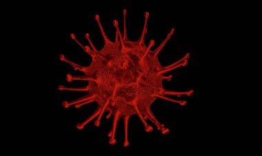 Coronavirus Covid-19 salgını ve koronavirüs salgını için siyah zemin üzerindeki grip salgını konsepti, salgın hastalıklar için bir sağlık riski, hastalık hücresi için ise 3 boyutlu bir enzim.