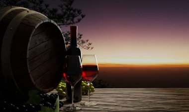 Temiz bardakta kırmızı şarap, kırmızı üzüm, yeşil üzüm ve ahşap zemin ya da ağaç kabuğu olan bir masada şarap fermantasyon tankı. Arka plan bir sabah dağıydı. Sis ve sabah 3D Sunset