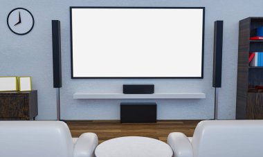 Ev sineması beyaz alçı duvarda. Mini Ev Tiyatrosu için büyük ekran televizyon ve ses ekipmanları kullanılıyor. Ahşap zeminde beyaz kanepe ve masa. 3B Hazırlama.