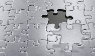 Yapboz ya da yapboz. Parlak gümüş metal zemin. Parlak siyah boşluklar. Tamamını yerine getirmen için. 3B Hazırlama