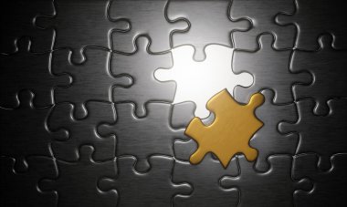 Yapboz ya da yapboz, koyu metal yüzey. Mükemmel bir tamamlayıcı için altın renkli bloklar. Alttan parlak beyaz arka plan. 3B Hazırlama
