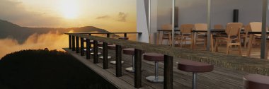 Bir restoran ya da kahve dükkanının dağlık bir manzarası ve biraz sabah sisi vardır. Tepenin tepesindeki güneş ışığı. Balkon ya da teras Plank zeminleri ve ahşap ve kerestelerden yapılmış uzun masalar. 3d Hazırlama