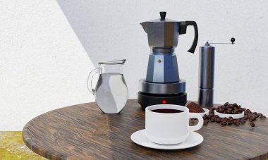 Beyaz bardakta sade kahve. Moka tenceresi taşınabilir elektrikli sobanın üzerinde kahve çekirdeği öğütücüsü. Çimenlikteki ahşap masanın arka planında beyaz bir alçı duvar var. 3B Hazırlama