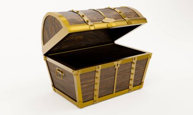 Antik hazine sandığı altın ahşap ve altın iğneli metal plakalardan yapılmıştır. Anahtar delikli hazine sandığı. Plank ve altın metalden malzemeler. Arka plan ve beyaz duvar kâğıdı. 3B Hazırlama