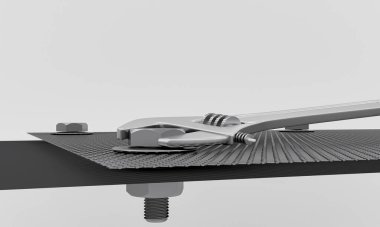 Gümüş metal plakadaki ayarlanabilir anahtarın köşelerinde cıvatalar ve fındıklar var. Gümüş metal bir tabağa somun ve cıvatalar yerleştirilmiş. 3B Hazırlama. 