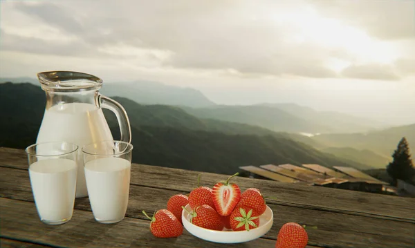 澄んだガラスとピッチャーに新鮮な牛乳 白いセラミックカップに鮮やかな赤いイチゴ テーブルのためのプランクロード 朝の山の景色は霧と朝の太陽です 3Dレンダリング — ストック写真