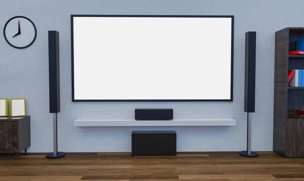 Домашний Кинотеатр Белой Гипсовой Стене Использование Телевизора Большим Экраном Аудио — стоковое фото