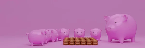 Many pink piggy banks stood around a pile of gold coins. Many gold coins. Stack. Background and pastel pink background. 3d rendering