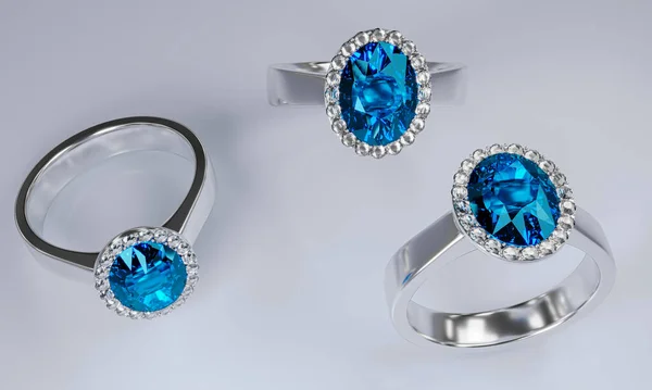 Grand Diamant Ovale Bleu Est Entouré Nombreux Diamants Sur Bague — Photo