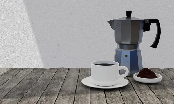 Espresso yapmak için taşınabilir Moka demliği. Alüminyum kahve demliği. Gaz sobaları ya da manyetik sobalarla kullanın. Beyaz alçı duvar ve ahşap masa. Beyaz bardak ve tabak. 3d oluşturma.