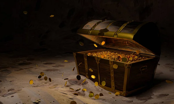 古旧宝盒中的黄金硬币 由木制嵌板制成 用黄金金属和金针装饰 镶嵌在洞穴或水下宝盒中的砂子上 3D渲染 — 图库照片