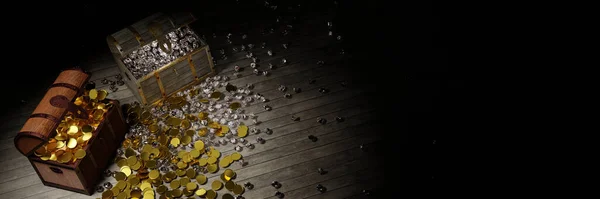 Сундук Сокровищами Открылся Множеством Золотых Монет Бриллиантов Разбросанных Полу Древний — стоковое фото