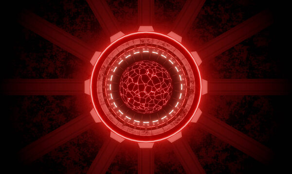 The charging station, red glow technology, metal base with rust stains, dark background, and black . The energy cube has electric spark. 3D Rendering