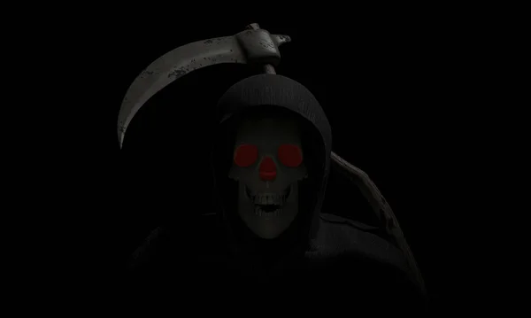 The skull of the god of death, a black cloak with a hood. Sickle, metal, long wooden handle, the weapon of the god of death 3D Rendering