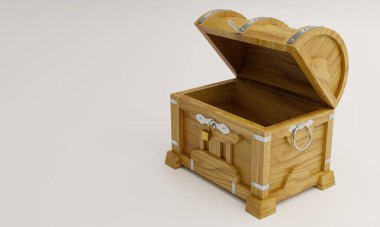 Yeni antika hazine sandığı, meşeden yapılmış, metal plakalar ve iğnelerle güçlendirilmiş, altın bir kilitle kilitlenmiş. Beyaz zemin ve arka zemin 3D Hazırlama
