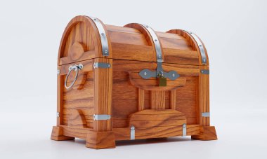 Yeni antika hazine sandığı, meşeden yapılmış, metal plakalar ve iğnelerle güçlendirilmiş, altın bir kilitle kilitlenmiş. Beyaz zemin ve arka zemin 3D Hazırlama