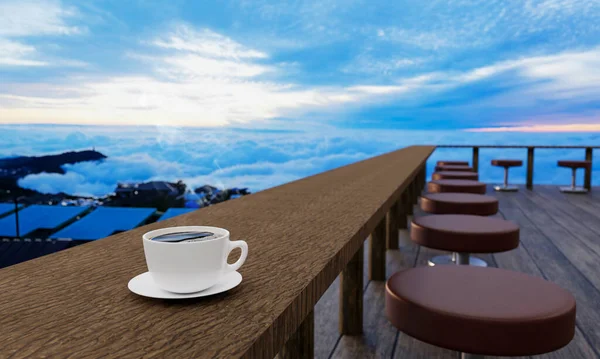 Tavolo Sedia Legno Con Caffè Nero Sulla Terrazza Balcone Paesaggio — Foto Stock