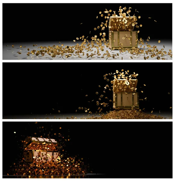 Сундука Сокровищами Высыпались Многочисленные Золотые Монеты Старинный Деревянный Сундук Сокровищами — стоковое фото