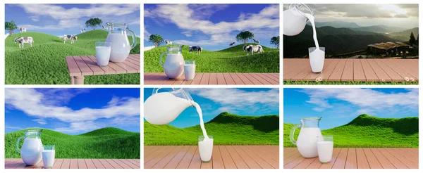 一套新鲜的牛奶放在透明的玻璃杯里 牛奶壶放在倒映板地板上 鲜绿色的草原奶牛自由地走着 享受着吃草的乐趣 蓝蓝的天空 白云密布 3D渲染 — 图库照片