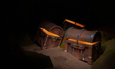 Tahta panellerden yapılmış antik ve antika hazine sandığı altın metal ve altın raptiyelerle güçlendirilmiş bir mağaradaki kumlara yerleştirilmiş hazine kutuları ya da su altındaki hazineler. 3d Hazırlama