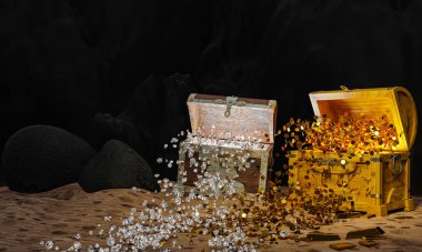 Altın sikkeler ve elmaslar dağılır ya da hazine sandığından kumun üzerine taş ve kayalıklarla zıplar. 3B Hazırlama