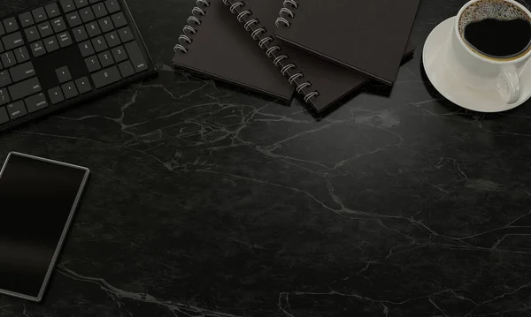 The office desk has items such as keyboards, books, black coffee mugs, and smartphones. The Notebook is made of gray imitation leather. Punched leather book cover on the spine. 3D Rendering