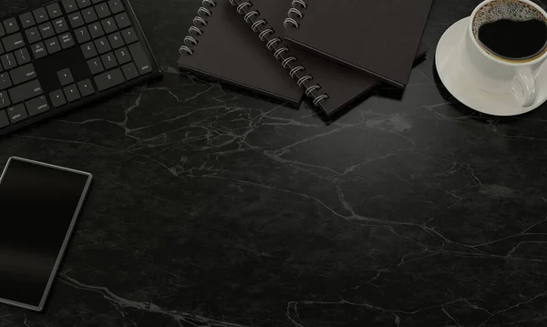 Ofis masasında klavye, kitap, sade kahve fincanı ve akıllı telefon gibi eşyalar var. Not Defteri gri taklit deriden yapılmıştır. Omurgasına deri kitap kapağı yapıştırdım. 3B Hazırlama