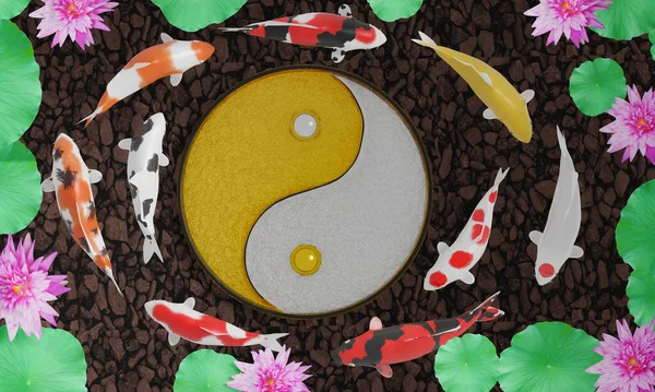Bir grup koi ya da süslü püslü bok daire şeklinde yüzer. Yin ve Yang işaretlerinin etrafında Feng Shui taşır. Göletin zemini kayalarla dolu. Ve pembe nilüfer çiçeği 3D görüntüleme.