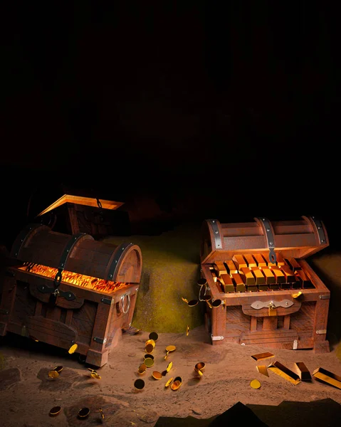 Kadim ve antika hazine sandığında altın sikkeler ve altın metal ve altın raptiyelerle güçlendirilmiş ahşap panellerden yapılmış hazine sandıkları bir mağarada ya da su altında bir hazine sandığında kumlara yerleştirilmiş hazine kutuları. 3d Hazırlama