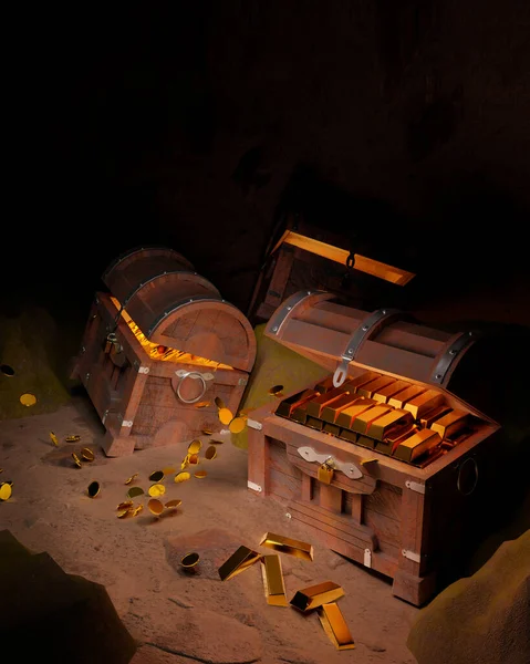 Golden Coins and cube in the Ancient and vintage treasure chest made of wooden panels Reinforced with gold metal and gold pins Treasure boxes placed on the sand in a cave or treasure chest underwater. 3d Rendering